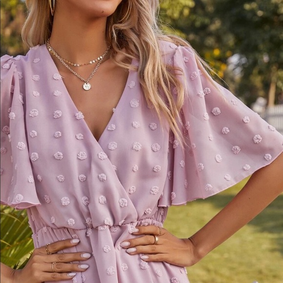 Lilac Swiss Dot Ruffle Hem V Neck Dress - Picture 6 of 7